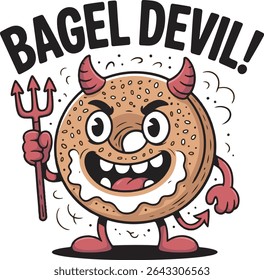 Cartoon Bagel Devil Character Illustration Brown Tan Red White Holding Pitchfork Funny Food