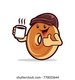 Cartoon Bagel Thumbs Up Drinking Coffee. 