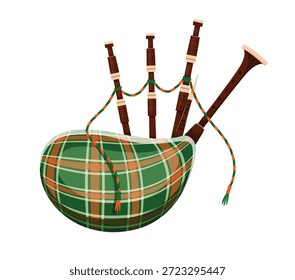 Gaita de dibujos animados con un patrón a cuadros, símbolo del día de San Patricio feliz. Instrumento musical irlandés con airbag y tubos de madera que representan las tradiciones de la música celta. Vector simbólico de la herencia escocesa