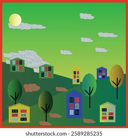 cartoon baground , cartoon gouse , cartoon tree , tree ans sun wather
