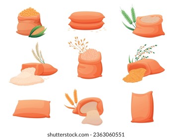 Cartoon bags with cereals. Rye flour, cereal different bag. Cooking ingredients, wheat, rice, millet grains and plants. Agriculture nowaday vector set