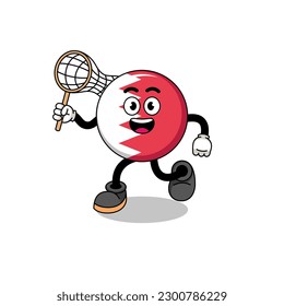 Cartoon of bahrain flag catching a butterfly , character design