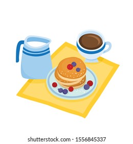 Cartoon baked pancake with berries, milk and coffee isolated on white. Color vector illustration of traditional breakfast bakery goods for poster label and menu bakery shop.