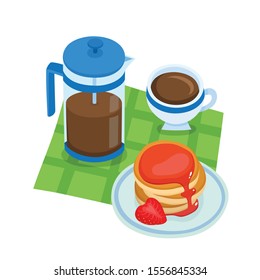 Cartoon baked pancake with butter, coffee and french press isolated on white. Color vector illustration of traditional breakfast bakery goods for poster label and menu bakery shop.