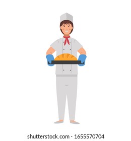 Cartoon-Bäcker mit Brot, Charakter für Kinder. Flaches Vektorillustration-Illustration