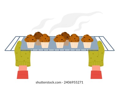 Fabricante de caricaturas o cocinero cocinando muffins en la cocina del hogar, haciendo ilustración vectorial plana de postre. Receta de comida dulce, concepto de panadería. Manos en guantes sacando la bandeja de galletas del horno.