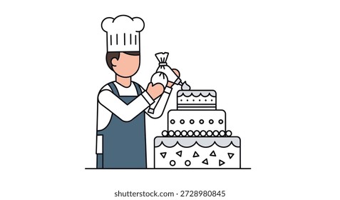 Cartoon-Bäcker, der einen geschichteten Kuchen verziert