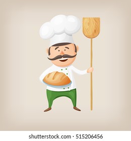 Cartoon Baker With Fresh Bread And A Shovel In His Hands. Vector Illustration.