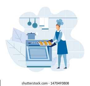 Cartoon Baker Master Chef Character in Apron and protective Gloves Cooking, Taking Stove out Cupcakes or Muffins Sweet Dessert on Flat Baking Sheet. Flat Vector Kitchen Interior Cutout Illustration