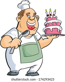 Cartoon baker with a spoon and big cake. Isolated