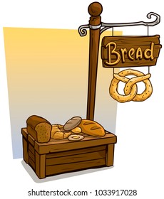 Cartoon bakers vendor booth or baker shop market wooden stand. Wooden sign with text Bread. Vector icon for game