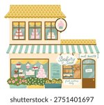 Cartoon bakery building facade in city street. Colorful storefront windows with cakes, bread, pastries and sweet cupcakes. Outdoor front view of pastry retail shop exterior. Vector illustration.