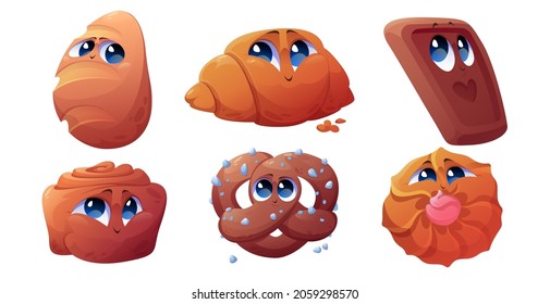 Personajes de la panadería de dibujos animados, croissant alegre, pan, cinnabon y galleta de chocolate con mascotas graciosas de pretzel. Confección lindo y alegre postre dulce personajes, comida feliz horneada aislado vector set