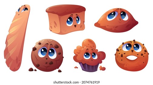 Cartoon bakery characters, cheerful french baguette, cupcake and chocolate cookie, patty and bread loaf funny mascots. Cute joyful baked food personages with happy smiling faces isolated vector set