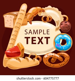 Cartoon bakery and desserts. Bread, baguette, croissant, donut, cookie, bagel and loaf. Concept for sample text.