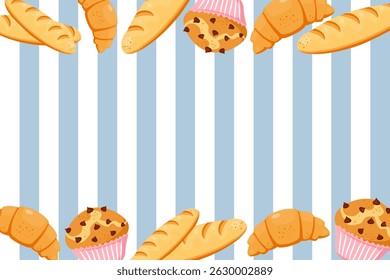 Cartoon bakery elements on a blue and white striped background include bread, croissants, muffins, jam. Food illustration.
