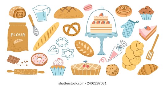 Mehl aus Cartoon-Backwaren. Konditorei, Kekse, Cupcakes, Kuchen und Croissant, leckere Dessertspeisen, rollendes Pin und Whisk, Vektorset.eps
