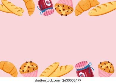 Cartoon bakery items on a pale pink background include bread baskets, baguettes, croissants, jam, and a muffin. Vector illustration.