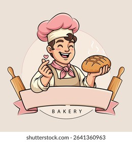 Cartoon Bakery Logo Badge with Happy Baker Holding Bread and Making Finger Love – Cute Baking Character with Rolling Pins and Blank Ribbon