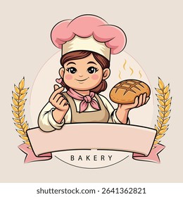 Cartoon Bakery Logo with Female Baker Holding Fresh Bread and Finger Love Sign – Cute Baking Character with Wheat and Blank Banner