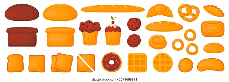 Cartoon bakery products. Baked goods set. Vector