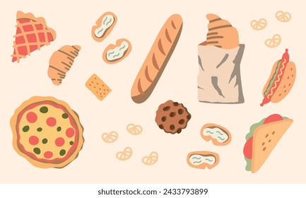 Cartoon bakery products, bread loaf, buns and pastry. Baguette, muffins, pancakes, whole wheat bread, homemade delicious pastries vector set. Hot baked assortment for nutrient snack