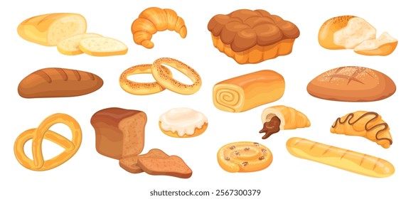 Cartoon bakery products. Bread whole loaf and cut slices, pastry food french baguette croissant with wheat rye grains bagel bite bun roll, baking pastries neat vector illustration original artwork