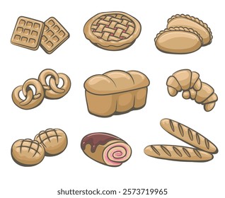 Cartoon bakery products. Pastries croissant bread buns french baguettes set isolated vector illustration