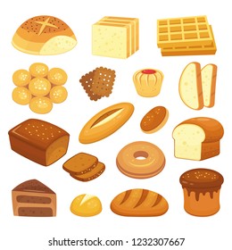 Cartoon bakery products. Toast bread, french roll and breakfast bagel. Whole grain breads, sweet bun and loaf, rye pumpernickel. Pastry wheat shop vector illustration isolated icons set