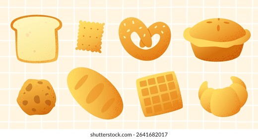 Cartoon bakery set. Vector textured pastry collection. Bakery clipart bundle.