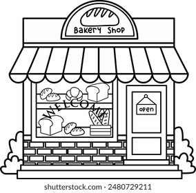 Cartoon bakery shop with fresh bread and pastries in black and white colouring