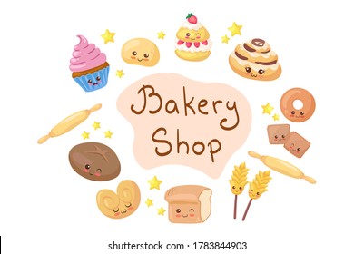 Cartoon Bakery Shop lettering with kawaii characters. Cute happy & funny wheat bread, bun, cupcakes mascots, crackers vector illustration isolated on white. Kids menu design. Smiling food emoji.