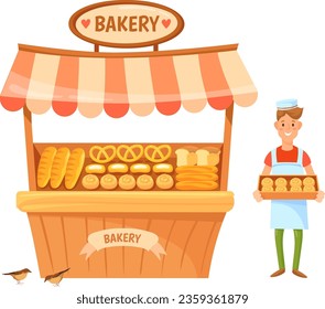 Cartoon bakery stall. Bread retail food market isolated on white background