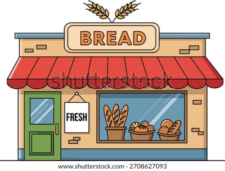 Cartoon bakery storefront vector, fresh bread shop illustration, baguette and loaf display, red awning, green door, wheat sign, cozy local bakery