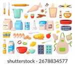 Cartoon baking elements. Food ingredients, pastry components, kitchen utensil and cooking products for cakes, flour, eggs, sugar, handmade cupcake and muffin, classy vector isolated confectionery set