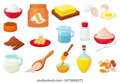 Cartoon baking ingredients. Flour pack, sugar in bowl, eggs and milk in glass jug. Butter cinnamon honey and oil. Cooking neoteric vector collection