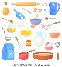 Cartoon baking supplies. Bakery ingredients and kitchen, kitchenware baker equipment for cooking homemade confectionery cake dessert, mixer flour vector illustration of confectionery and cooking