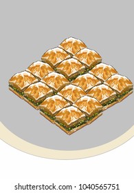 cartoon  baklava illustration and  grey background