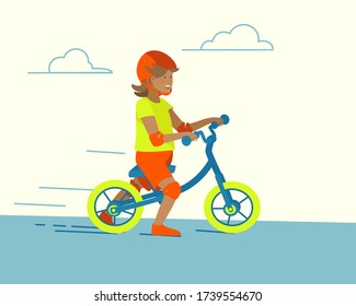 Cartoon balance bike child running for lifestyle design. Happy childhood, active recreation. Cartoon flat vector illustration. Outdoor recreation. Child ride balance bike.