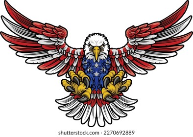 A cartoon bald American eagle mascot swooping with claws out and outstretched or spread wings featuring flag motif 