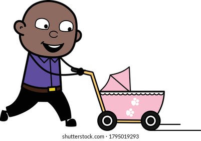 Caricatura Hombre negro calvo con personaje de carrito de bebé Ilustración de diseño