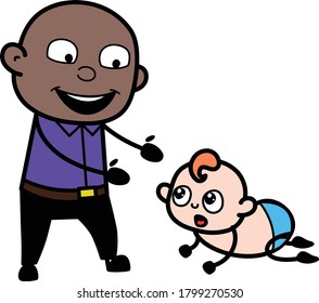 Caricatura de un hombre negro calvo con un abarrotado personaje de diseño de bebé Ilustración