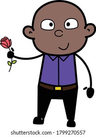 Cartoon Bald Black Man Giving a Red Rose Character Design Illustration