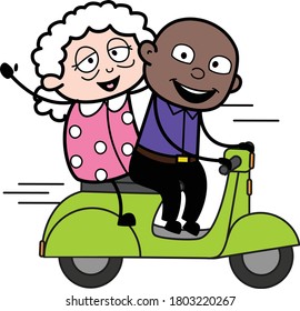 Cartoon Bald Black Man Riding Scooter with an old lady