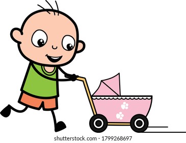 Caricatura Niño calvo con personaje de carrito de bebé Ilustración de diseño