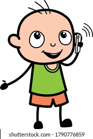 Cartoon Bald Boy talking on Cell Phone Design Illustration