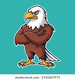 Cartoon bald eagle with arms crossed on teal background