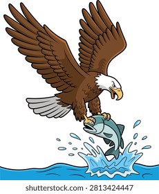 Cartoon bald eagle catching a fish from water vector illustration