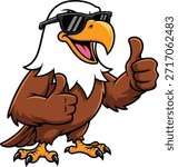 Cartoon bald eagle character with sunglasses giving thumbs up, confident pose, vector illustration for patriotism, motivation, freedom, and mascot themes