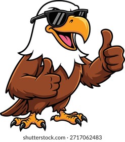 Personaje de águila calva de dibujos animados con gafas de sol dando pulgares hacia arriba, pose segura, Ilustración vectorial para patriotismo, motivación, libertad y temas de mascotas